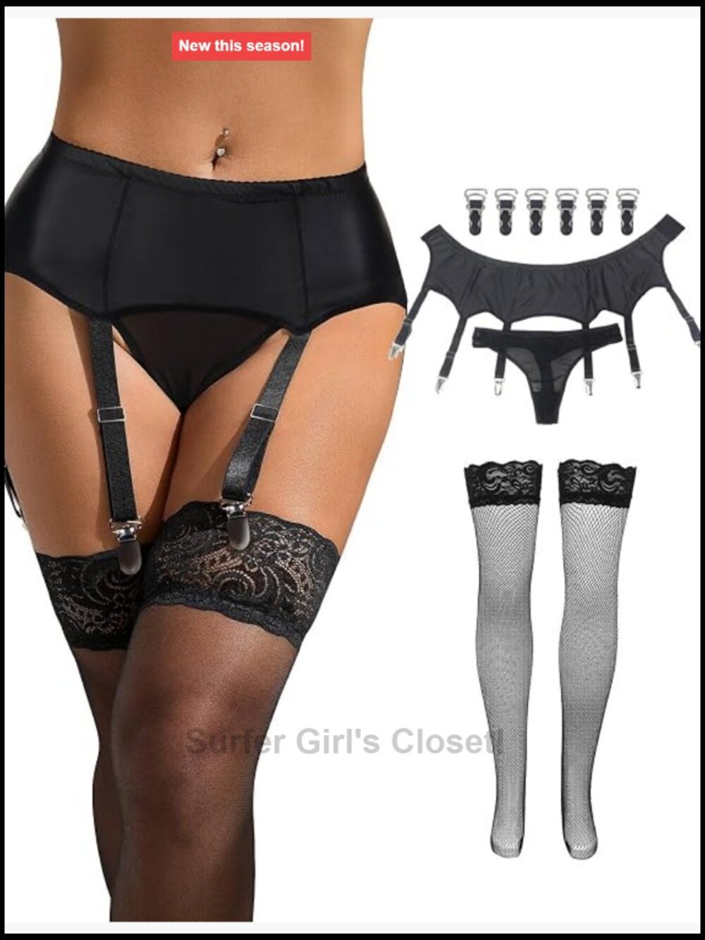 Faux Leather Garter Belt and Thigh Highs Set with Thong 6 Strap Metal Clip